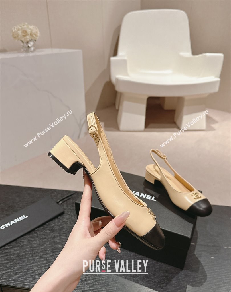 Chanel Calfskin Slingback Pumps 4cm with CC Beige 2024 G45768 (MD-240722066)