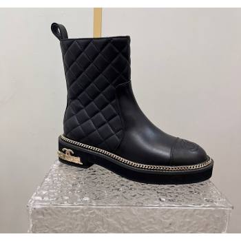 Chanel Quilted Calfskin Leather Ankle Boots with Chain and Logo Black 2024 072201 (KL-240722006)