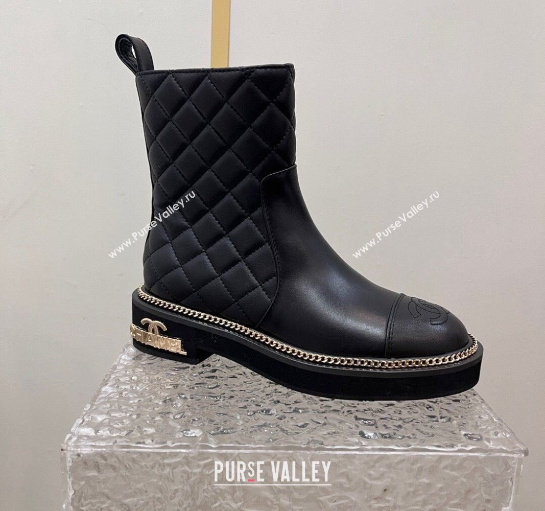 Chanel Quilted Calfskin Leather Ankle Boots with Chain and Logo Black 2024 072201 (KL-240722006)