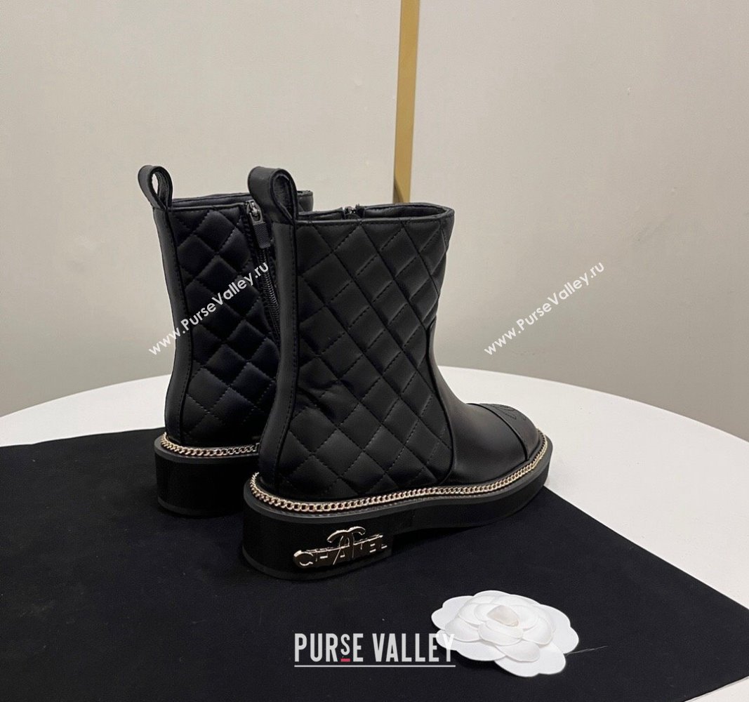 Chanel Quilted Calfskin Leather Ankle Boots with Chain and Logo Black 2024 072201 (KL-240722006)