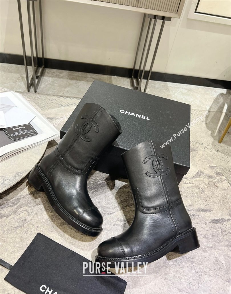 Chanel Calfskin Heel Ankle Boots 3cm with Side CC Black 2024 072202 (KL-240722009)