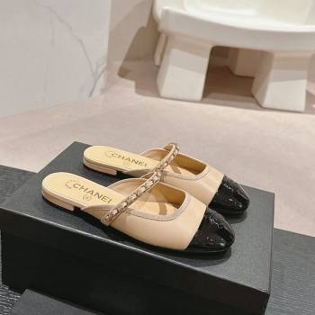 Chanel Calfskin Patent Flat Mules with Chain Beige 2024 072208 (MD-240722083)