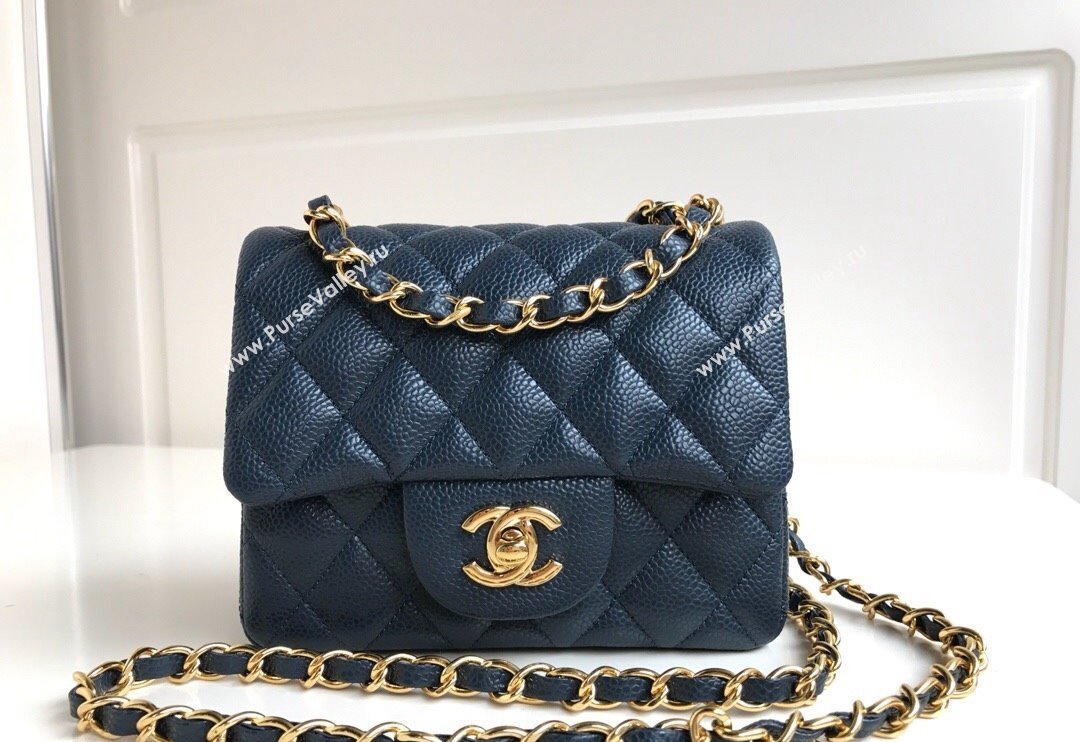 Chanel Grained Calfskin Mini Square Classic Flap Bag A01115 Dark Blue/Gold 2024 0807 (YUND-240807088)