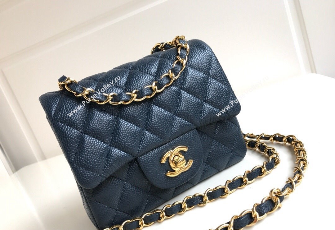 Chanel Grained Calfskin Mini Square Classic Flap Bag A01115 Dark Blue/Gold 2024 0807 (YUND-240807088)