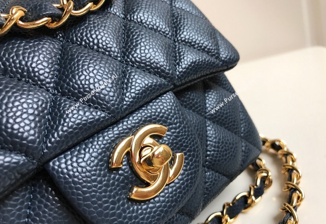 Chanel Grained Calfskin Mini Square Classic Flap Bag A01115 Dark Blue/Gold 2024 0807 (YUND-240807088)