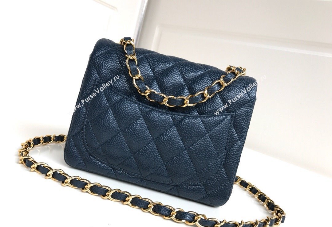 Chanel Grained Calfskin Mini Square Classic Flap Bag A01115 Dark Blue/Gold 2024 0807 (YUND-240807088)
