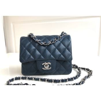 Chanel Grained Calfskin Mini Square Classic Flap Bag A01115 Dark Blue/Silver 2024 0807 (YUND-240807089)