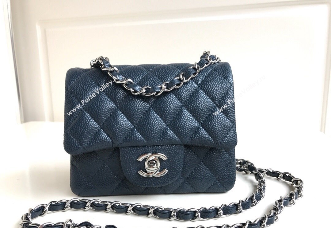 Chanel Grained Calfskin Mini Square Classic Flap Bag A01115 Dark Blue/Silver 2024 0807 (YUND-240807089)