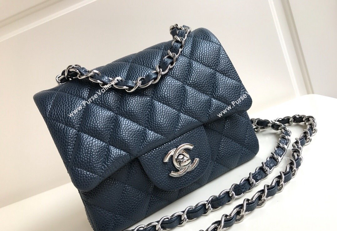 Chanel Grained Calfskin Mini Square Classic Flap Bag A01115 Dark Blue/Silver 2024 0807 (YUND-240807089)