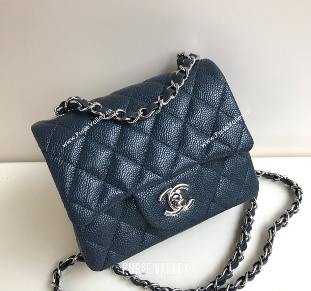 Chanel Grained Calfskin Mini Square Classic Flap Bag A01115 Dark Blue/Silver 2024 0807 (YUND-240807089)