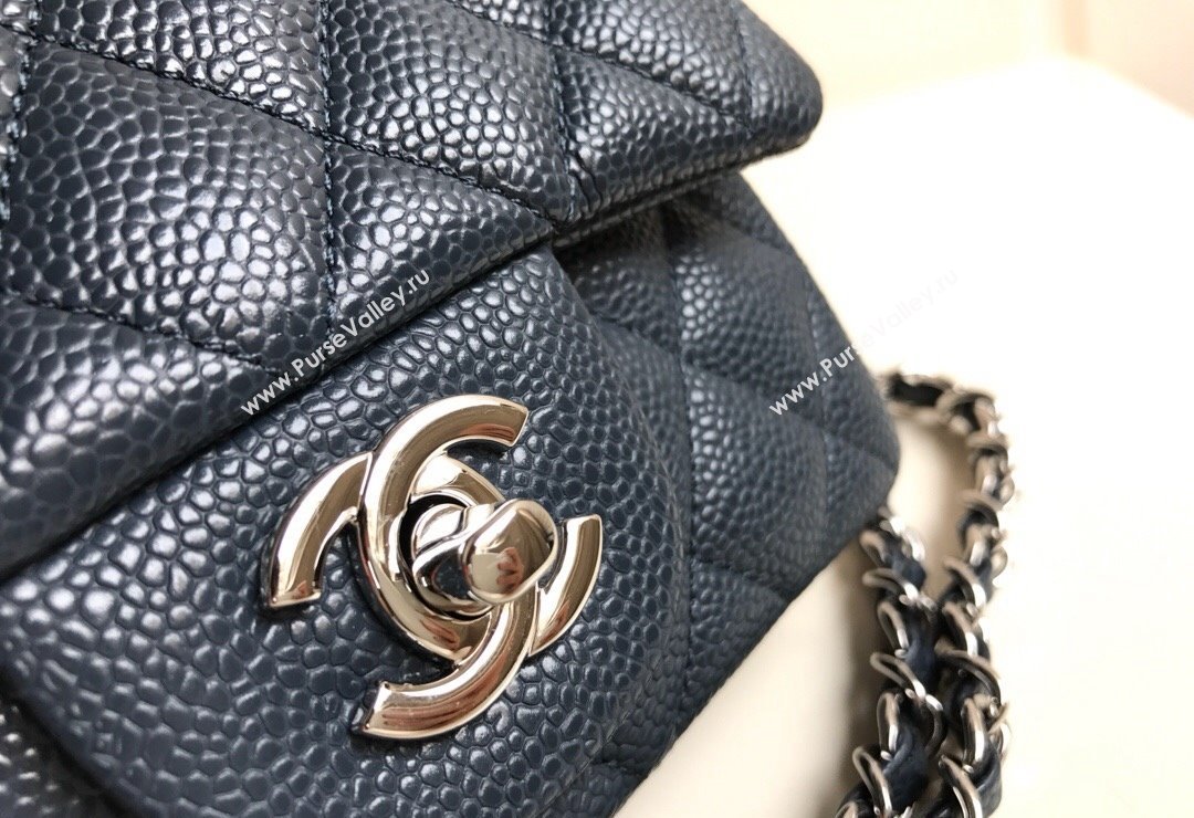 Chanel Grained Calfskin Mini Square Classic Flap Bag A01115 Dark Blue/Silver 2024 0807 (YUND-240807089)