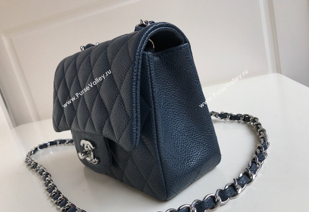 Chanel Grained Calfskin Mini Square Classic Flap Bag A01115 Dark Blue/Silver 2024 0807 (YUND-240807089)