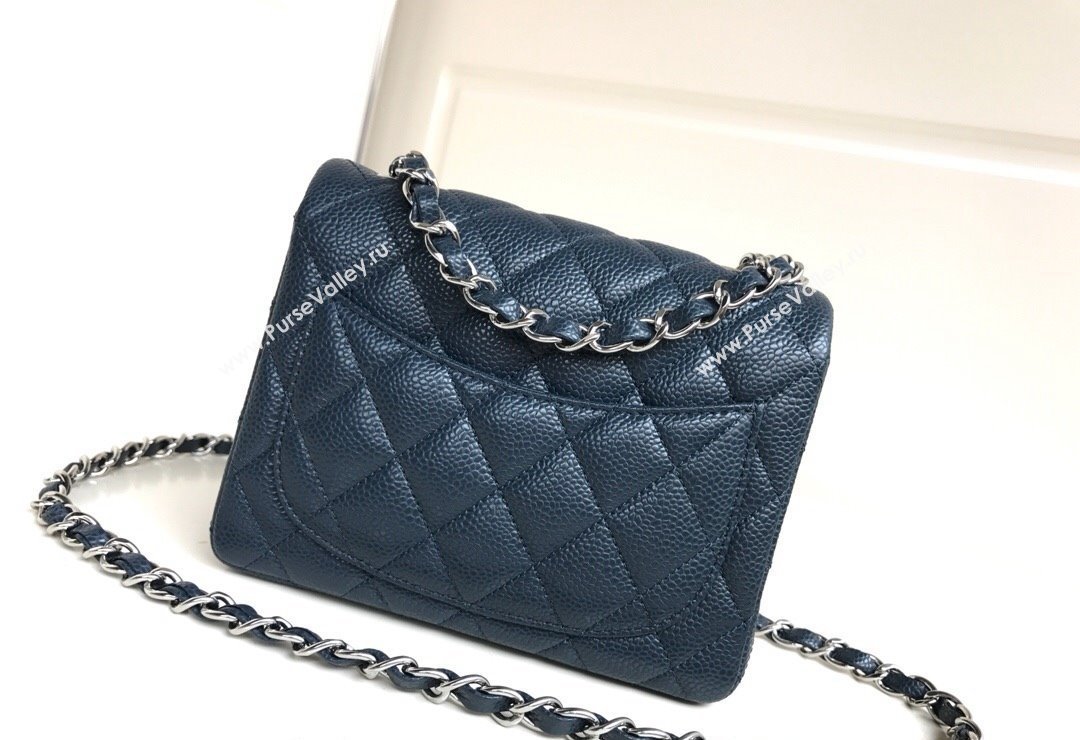 Chanel Grained Calfskin Mini Square Classic Flap Bag A01115 Dark Blue/Silver 2024 0807 (YUND-240807089)