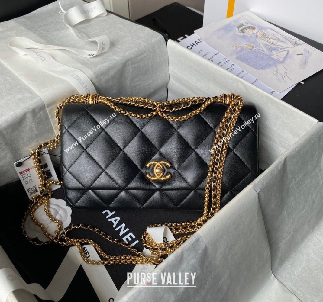 Chanel Shiny Lambskin Medium Flap Bag with Chain Black 2024 AS4971 (yezi-240808054)