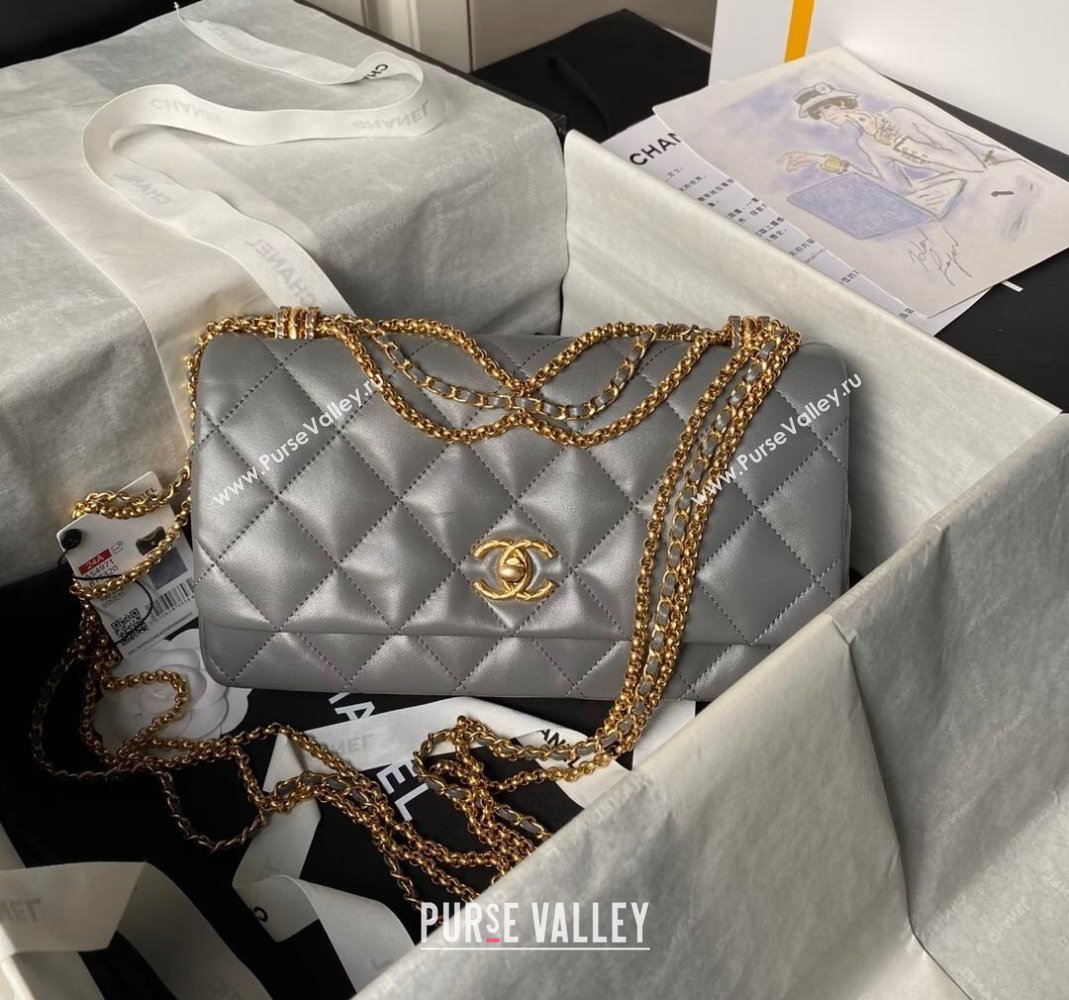 Chanel Shiny Lambskin Medium Flap Bag with Chain Grey 2024 AS4971 (yezi-240808055)