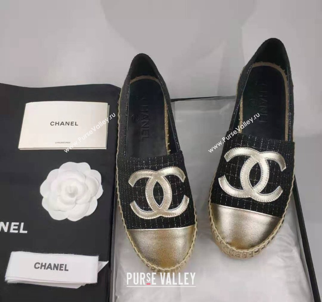 Chanel Tweed Lambskin Espadrilles Flat Black/Gold 2024 081508 (MD-240815128)