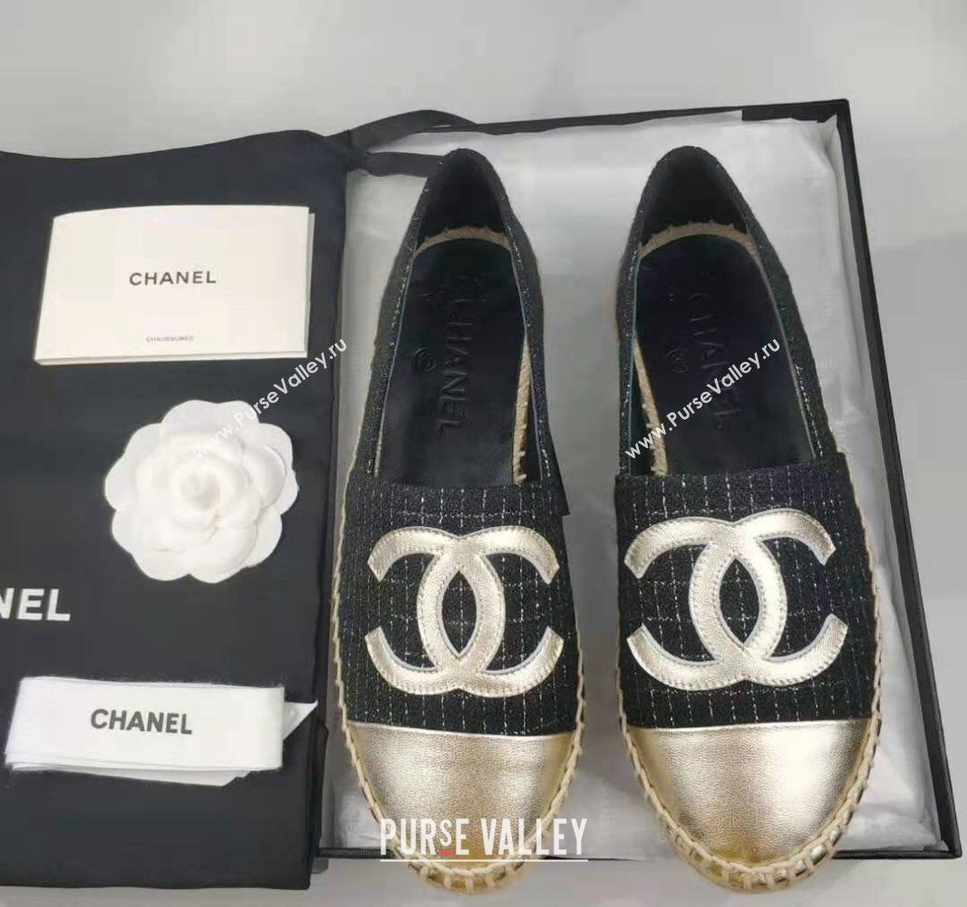 Chanel Tweed Lambskin Espadrilles Flat Black/Gold 2024 081508 (MD-240815128)