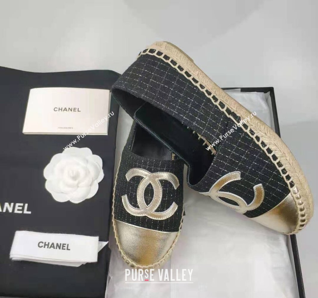 Chanel Tweed Lambskin Espadrilles Flat Black/Gold 2024 081508 (MD-240815128)