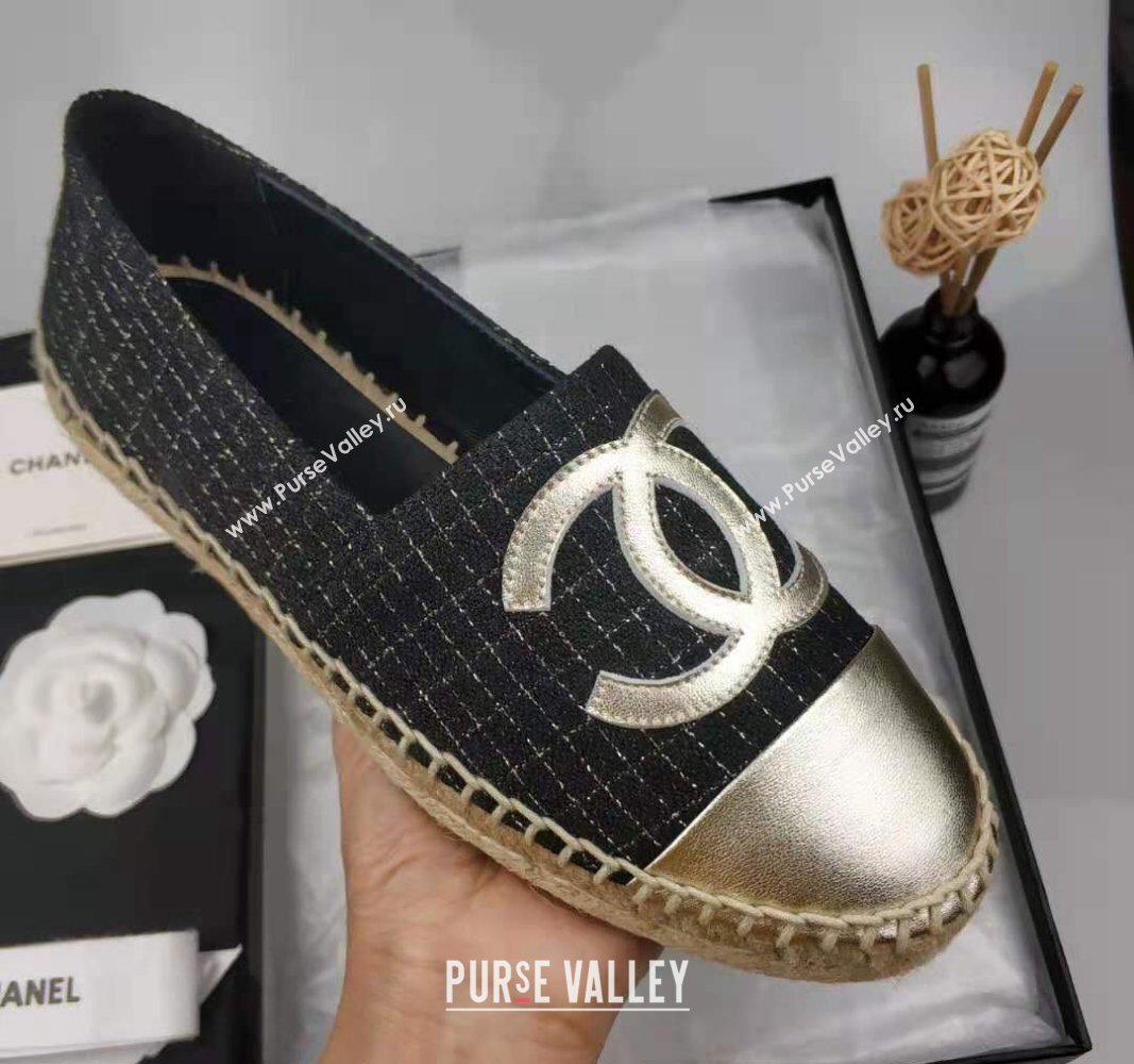 Chanel Tweed Lambskin Espadrilles Flat Black/Gold 2024 081508 (MD-240815128)