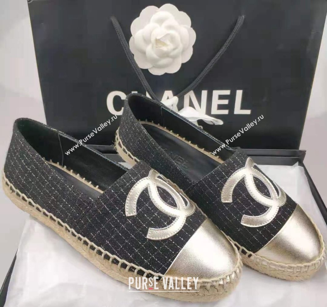 Chanel Tweed Lambskin Espadrilles Flat Black/Gold 2024 081508 (MD-240815128)