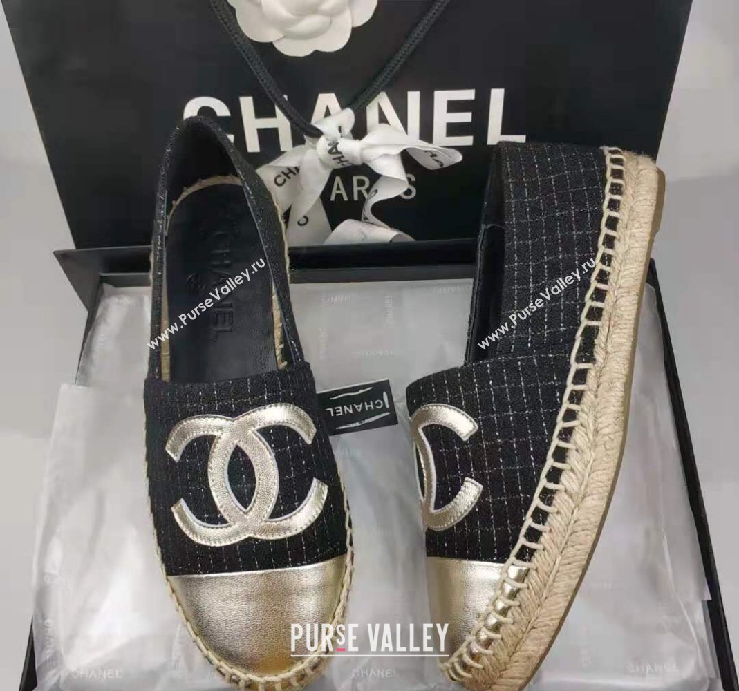 Chanel Tweed Lambskin Espadrilles Flat Black/Gold 2024 081508 (MD-240815128)