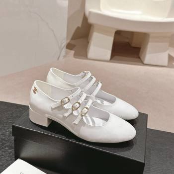 Chanel Patent Calfskin Mary Janes Pumps with Trible Buckle Strap White 2024 0816 (MD-240816123)