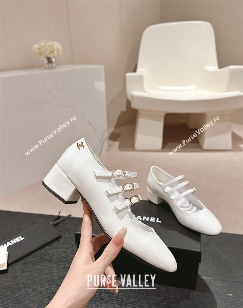 Chanel Patent Calfskin Mary Janes Pumps with Trible Buckle Strap White 2024 0816 (MD-240816123)