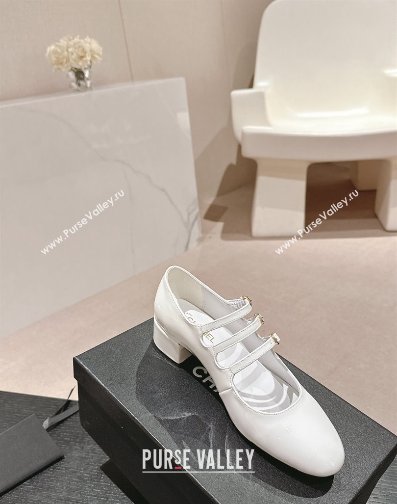 Chanel Patent Calfskin Mary Janes Pumps with Trible Buckle Strap White 2024 0816 (MD-240816123)