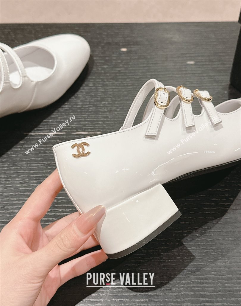 Chanel Patent Calfskin Mary Janes Pumps with Trible Buckle Strap White 2024 0816 (MD-240816123)