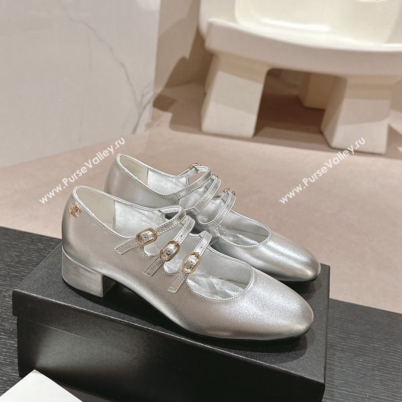 Chanel Calfskin Mary Janes Pumps with Trible Buckle Strap Silver 2024 0816 (MD-240816124)