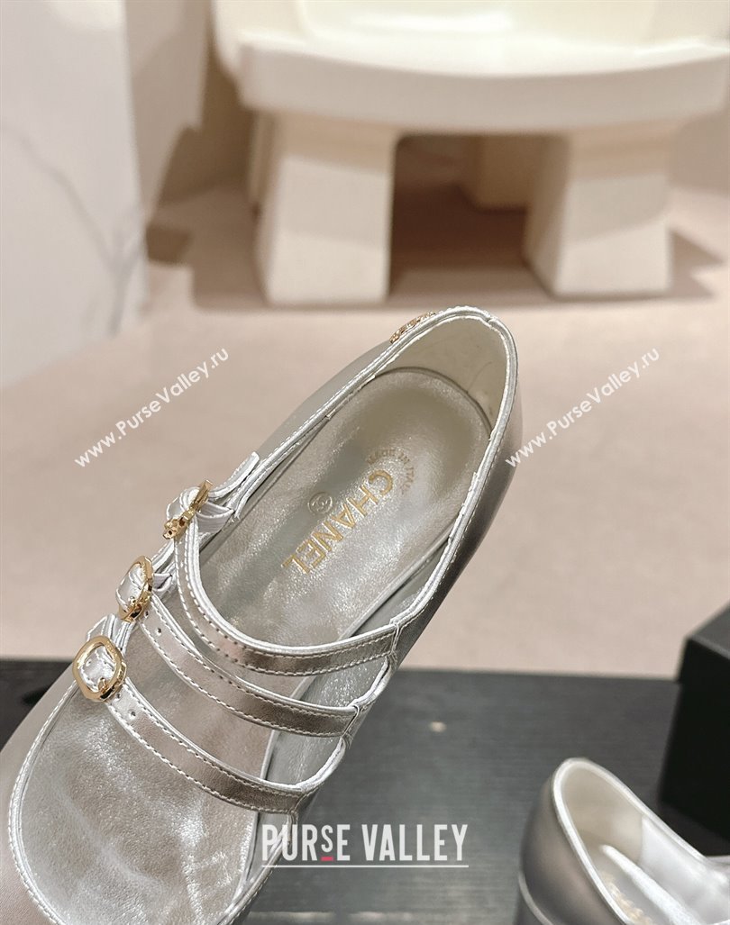 Chanel Calfskin Mary Janes Pumps with Trible Buckle Strap Silver 2024 0816 (MD-240816124)