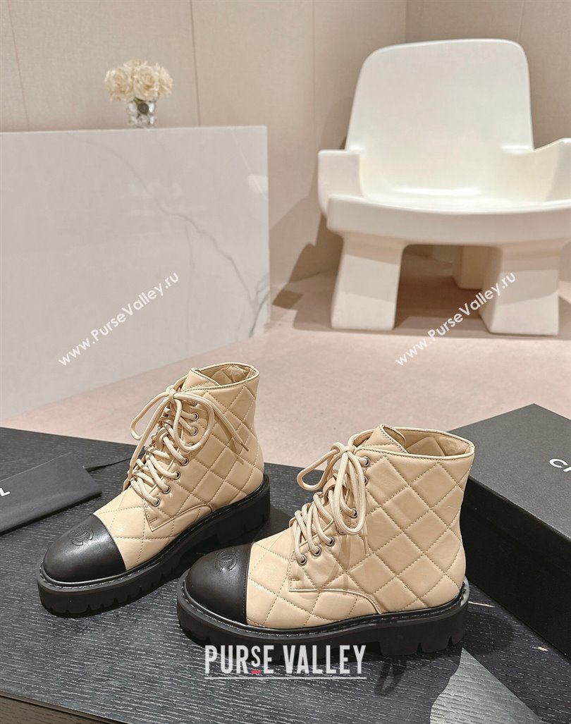 Chanel Quilted Calfskin Lace up Ankle Boots Beige 2024 CH081629 (MD-240816130)