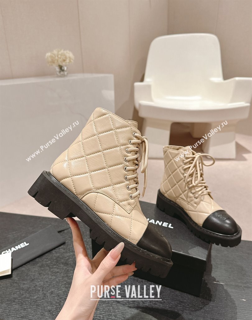 Chanel Quilted Calfskin Lace up Ankle Boots Beige 2024 CH081629 (MD-240816130)