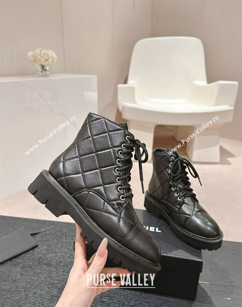 Chanel Quilted Calfskin Lace up Ankle Boots Black 2024 CH081629 (MD-240816131)