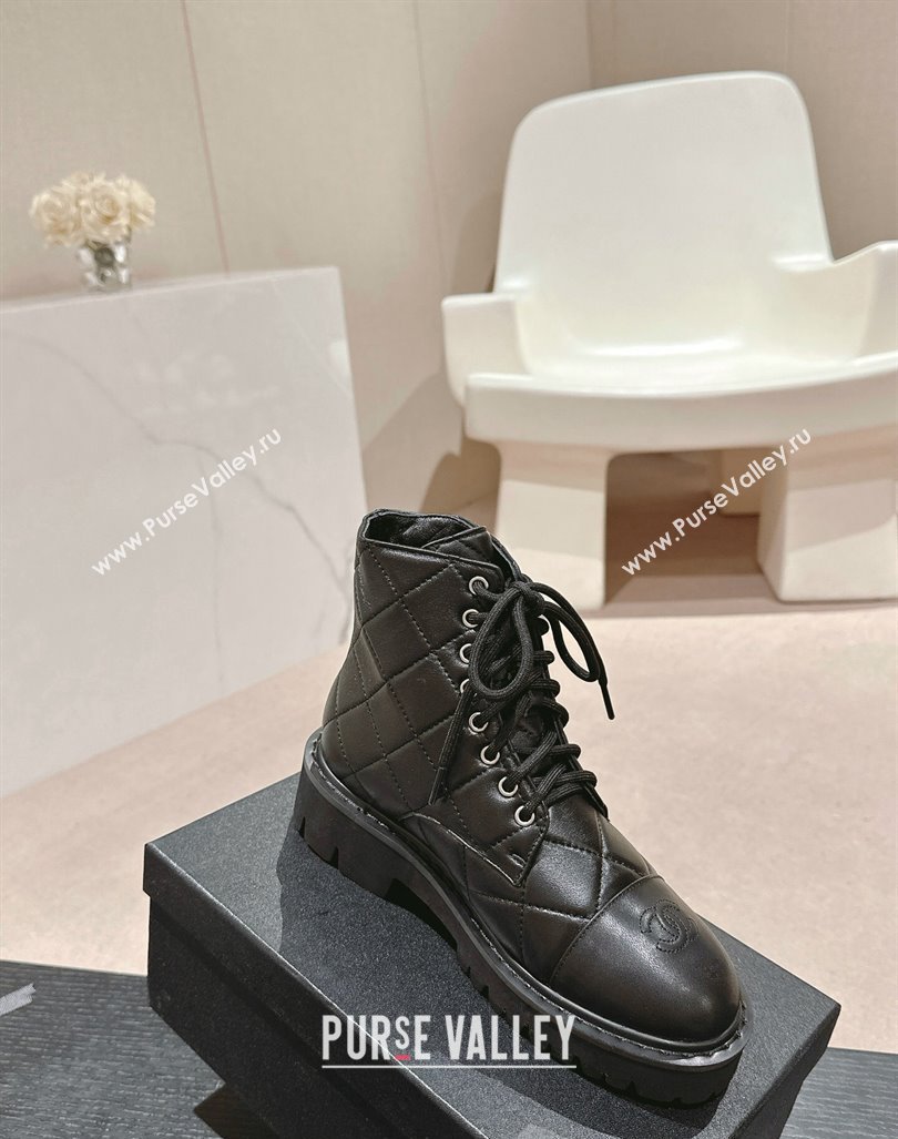 Chanel Quilted Calfskin Lace up Ankle Boots Black 2024 CH081629 (MD-240816131)