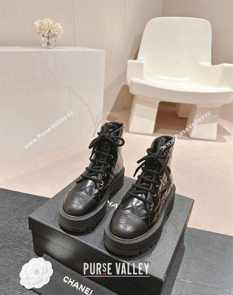 Chanel Quilted Calfskin Platform Lace up Ankle Boots Black 2024 CH081632 (MD-240816132)