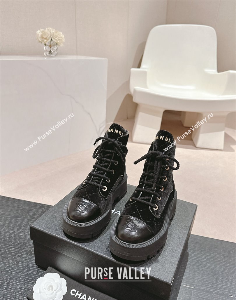 Chanel Velvet Platform Lace up Ankle Boots Black 2024 CH081632 (MD-240816134)