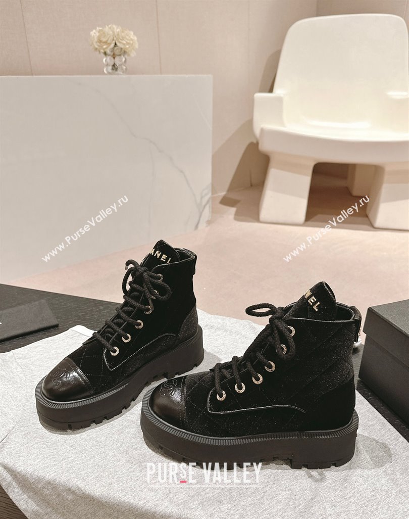 Chanel Velvet Platform Lace up Ankle Boots Black 2024 CH081632 (MD-240816134)