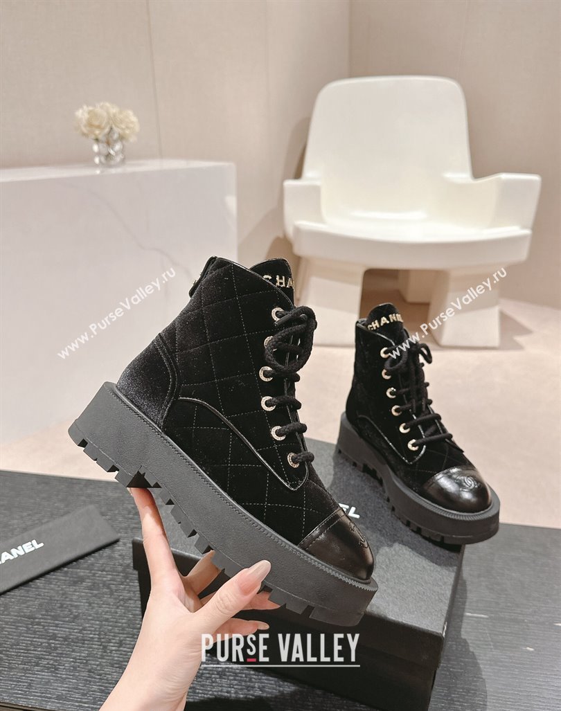 Chanel Velvet Platform Lace up Ankle Boots Black 2024 CH081632 (MD-240816134)