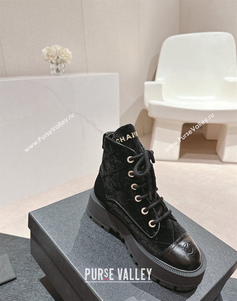 Chanel Velvet Platform Lace up Ankle Boots Black 2024 CH081632 (MD-240816134)