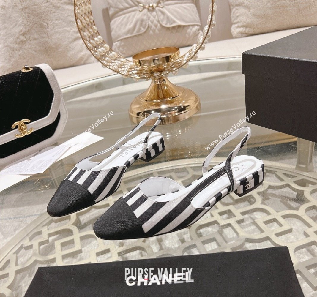 Chanel Stripes Printed Fabric Slingback Flat Black 2024 CH081705 (MD-240817026)