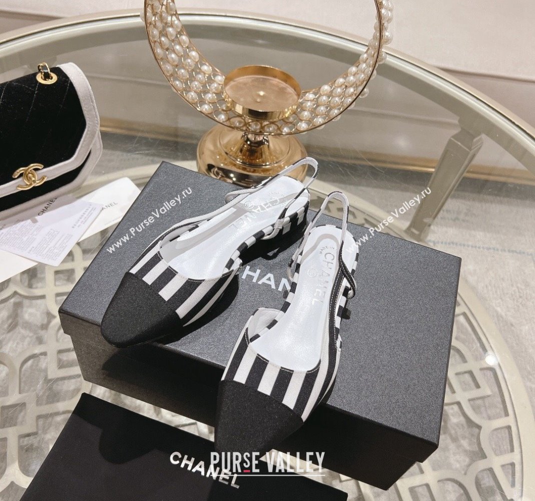 Chanel Stripes Printed Fabric Slingback Flat Black 2024 CH081705 (MD-240817026)