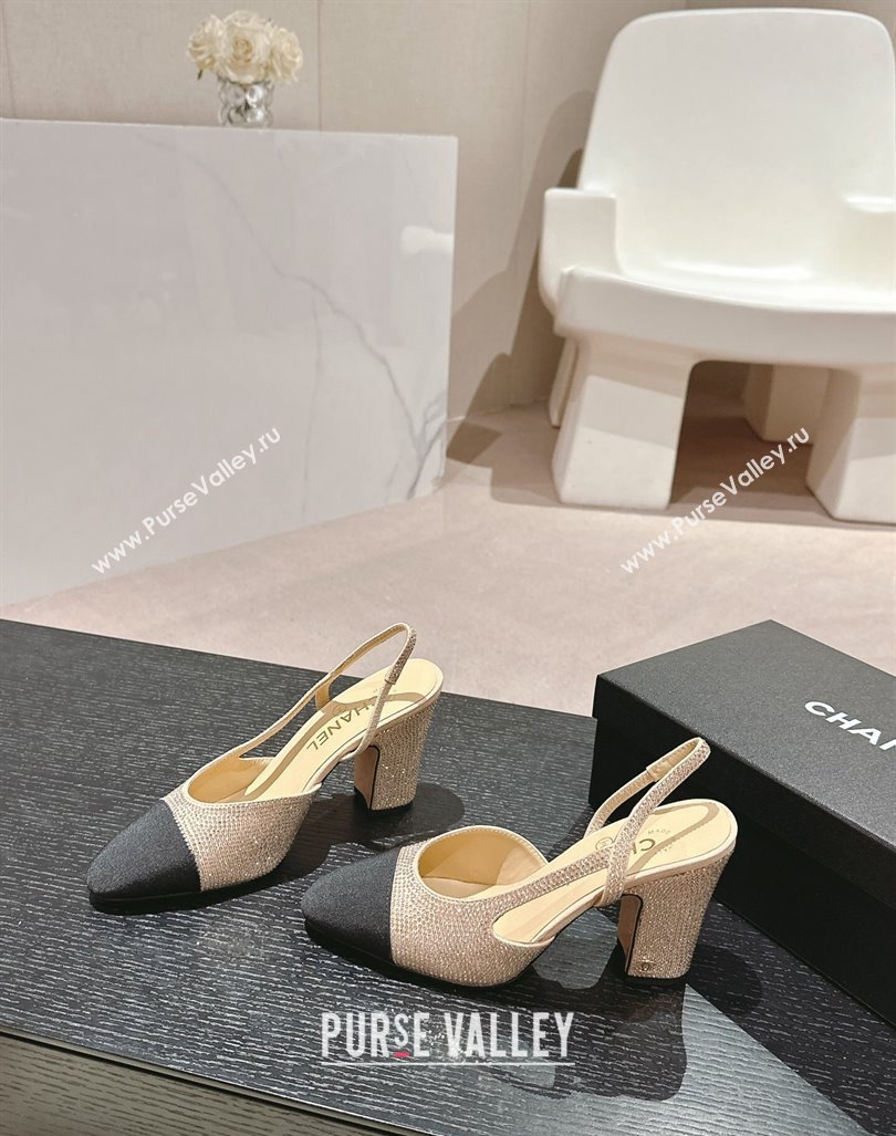 Chanel Strass Grosgrain Slingback Pumps 9cm G31318 Beige 2024 0816 (MD-240816030)