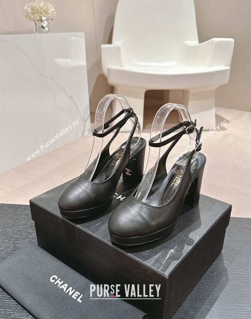 Chanel Lambskin Slingback Platform Pumps 9cm with Ankle Strap Black 2024 CH081706 (MD-240817032)