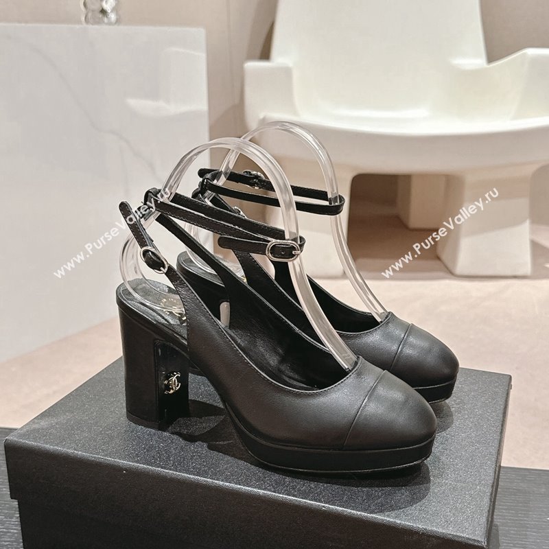 Chanel Lambskin Slingback Platform Pumps 9cm with Ankle Strap Black 2024 CH081706 (MD-240817032)