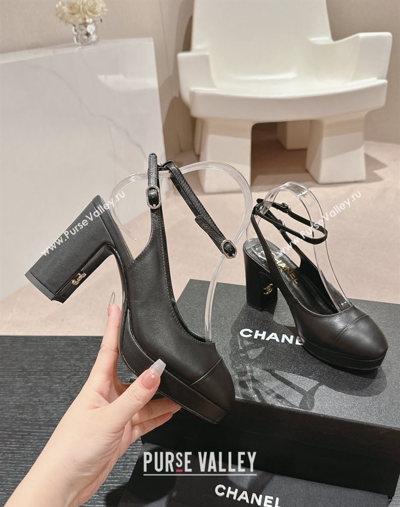 Chanel Lambskin Slingback Platform Pumps 9cm with Ankle Strap Black 2024 CH081706 (MD-240817032)