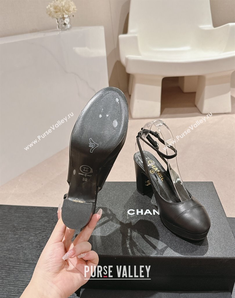 Chanel Lambskin Slingback Platform Pumps 9cm with Ankle Strap Black 2024 CH081706 (MD-240817032)