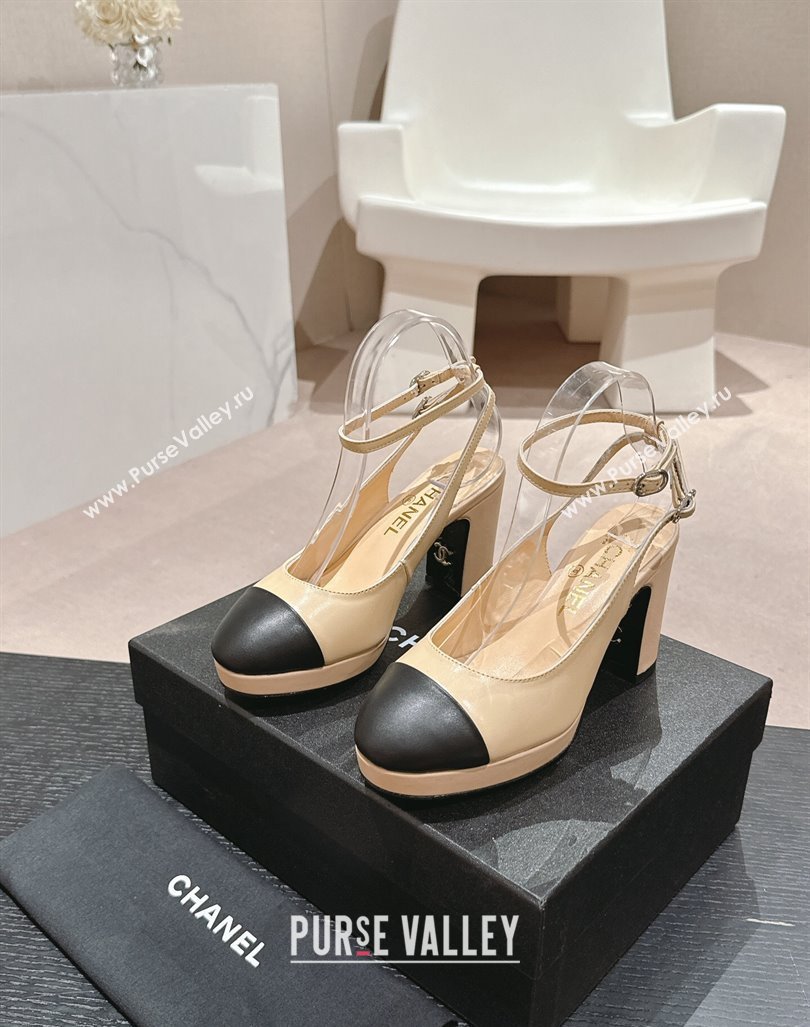 Chanel Lambskin Slingback Platform Pumps 9cm with Ankle Strap Beige 2024 CH081706 (MD-240817033)