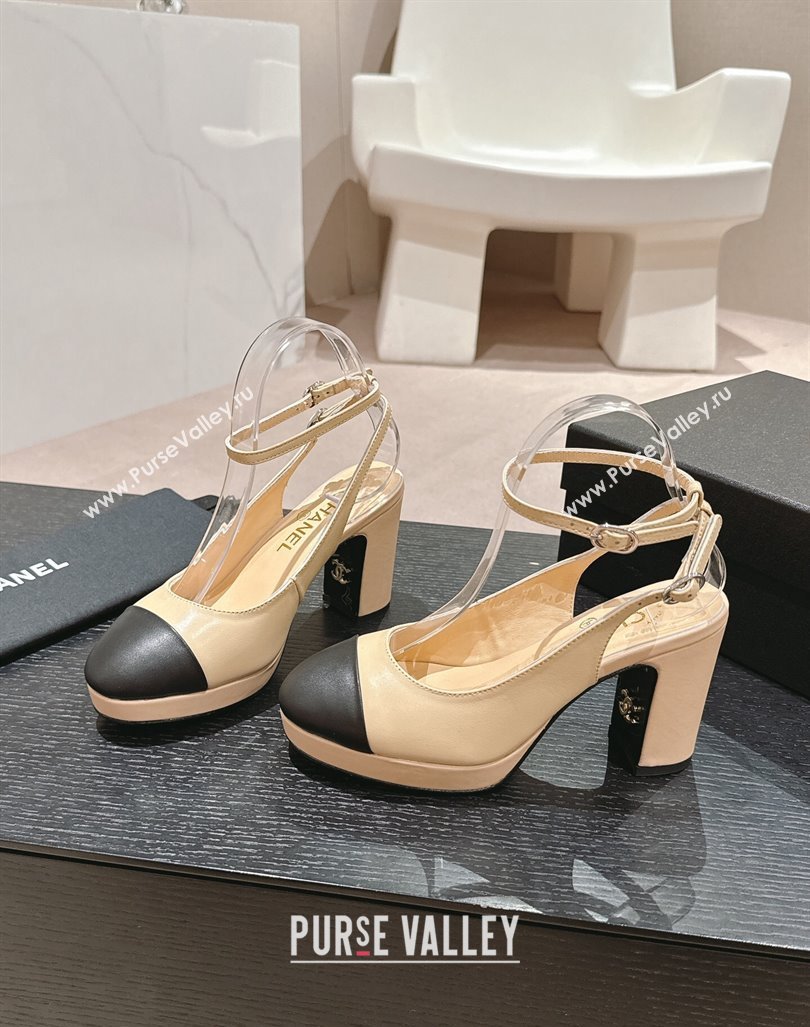 Chanel Lambskin Slingback Platform Pumps 9cm with Ankle Strap Beige 2024 CH081706 (MD-240817033)