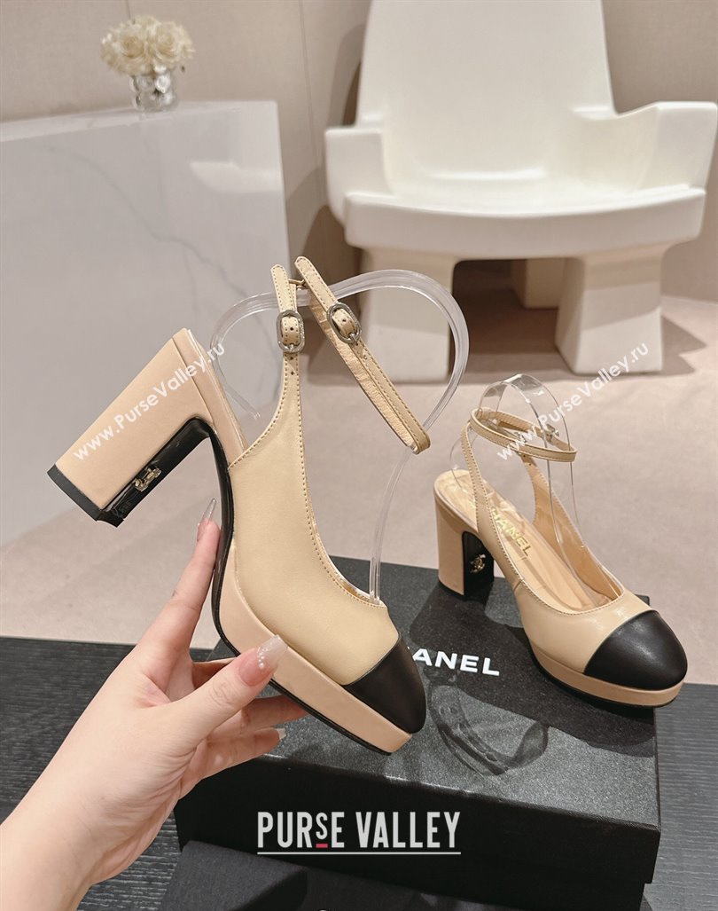 Chanel Lambskin Slingback Platform Pumps 9cm with Ankle Strap Beige 2024 CH081706 (MD-240817033)